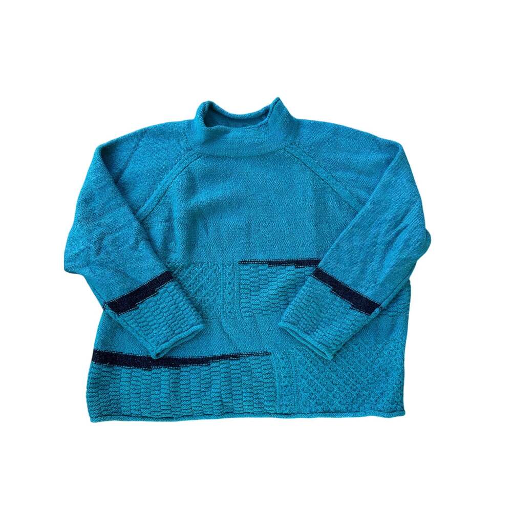Habitat Women's Turquoise Blue Mock Neck Sweater Black Stripe Textured Pullover